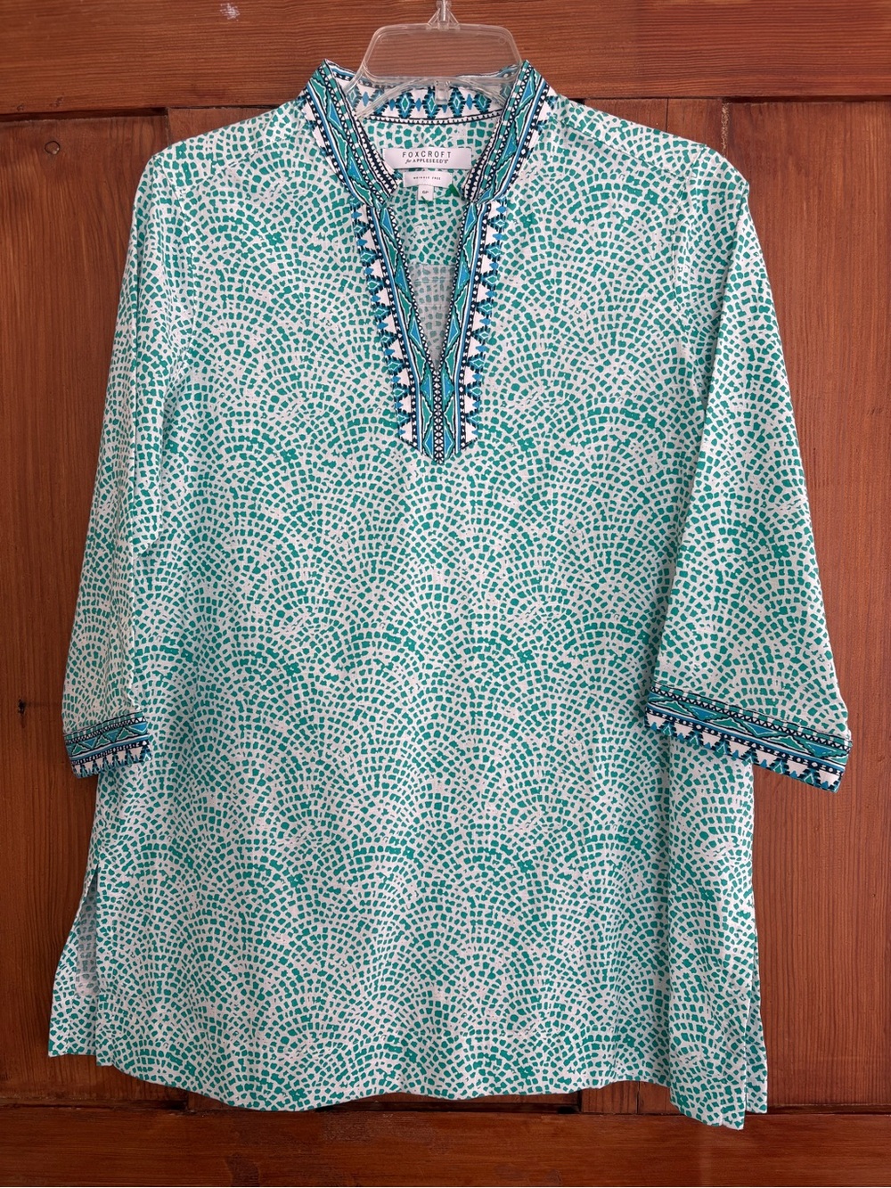 Foxcroft Wrinkle Free Teal Blue White Mosaic Print Tunic Top Size 6P